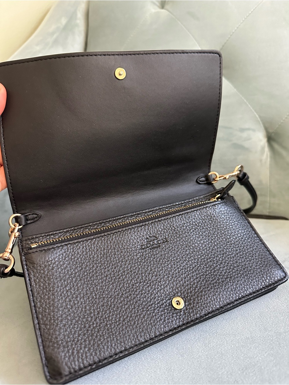 Coach Black Pebbled Leather Crossbody Wallet with Gold Logo - Picture 8 of 17